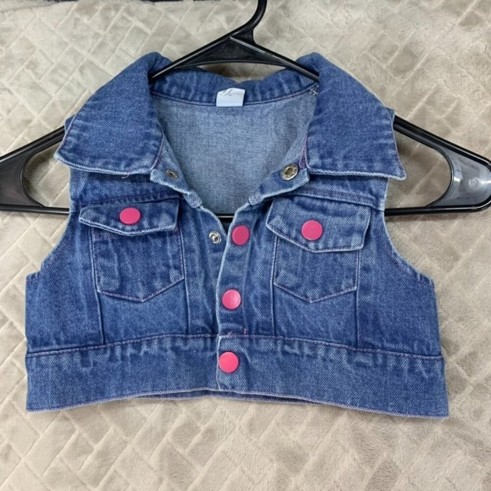 SheIn Girls Denim Jean Vest Sz 5 Blue Cropped Pink Buttons Hip Hop Stylish